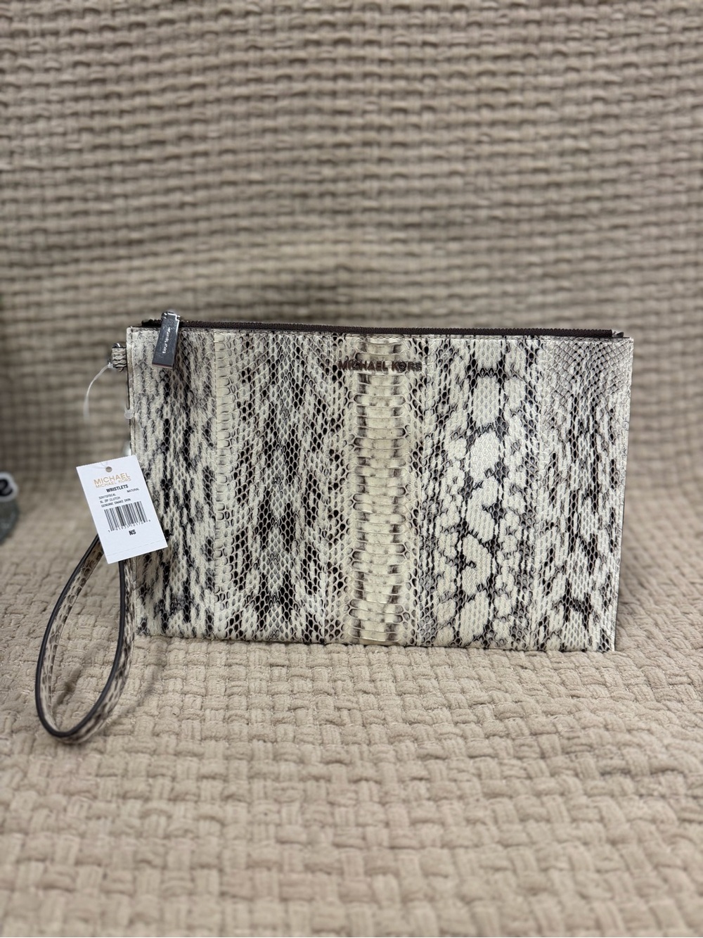 Michael Kors Snake-Print Wristlet Clutch in Cream and Brown